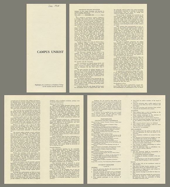 Brochure for conference on campus unrest held at Chatham in 1968