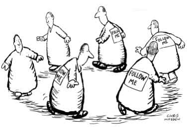 Cartoon that plays on the concept of groupthink