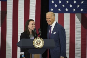 Jenna McGreevy, President of Chatham's College Democrats, introduces Joe Biden to the stage Photo Credit: Janelle Moore