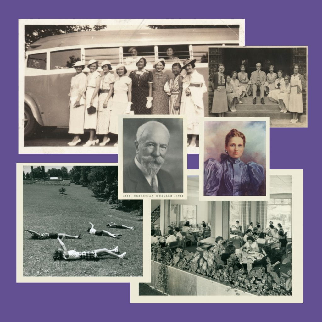 Collage of photographs featuring Sebastian Mueller, Elizabeth Heinz Mueller, guests at Eden Hall Farm in front of a bus, eating in the cafeteria, and playfully rolling down a hill.