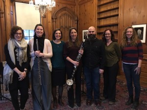 The Trillium Ensemble posed with Chatham community members. Left to right: Chatham student Sidony Ridge, Elise DePasquale, Katie Palumbo, Rachael Stutzman, Dr. Mark Fromm, adjunct faculty member Paula Tuttle, and Chatham student Cierra Snyder.
