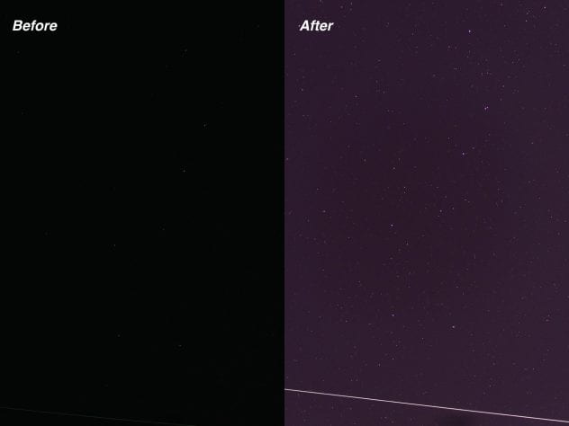 a before and after of stars. before is what the naked eye sees with light pollution, after is what we could see without light pollution.